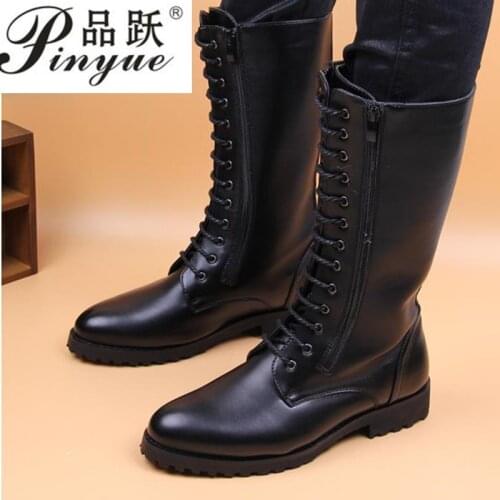 Lace up High Boots Mens Black Military Boots Natural Cow Leather Men Long Waterproof Snowboots Equestrian Motocycle Boots
