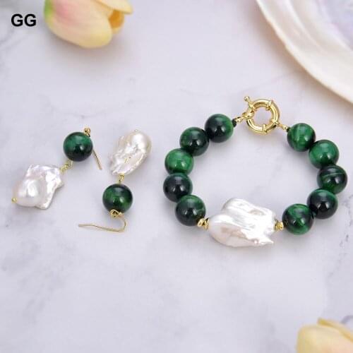 GuaiGuai Jewelry Cultured White Keshi Pearl 14mm Green Tigers Eye Bracelet Dangle Hook Earrings Sets