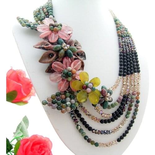 YYGEM Handmade Natural 6mm Round Agate Freshwater Onyx Black Pearl Crystal Rhodonite Flower statement Necklace 22"