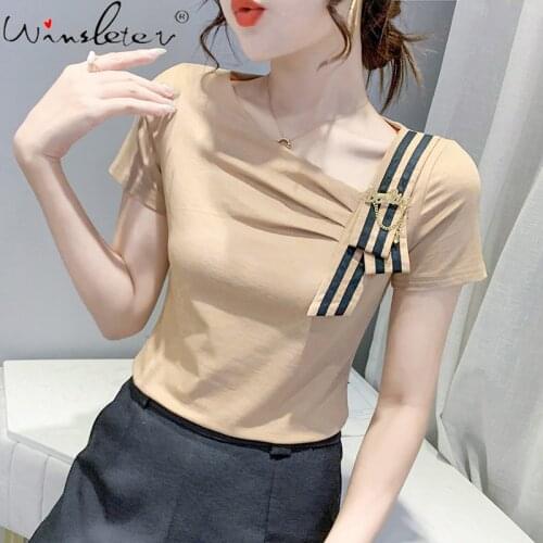 Summer European Clothes Cotton T-Shirt Chic Sexy Off Shoulder Bowknot Irregularity Women Tops Bottoming Shirt Tees New T16015A