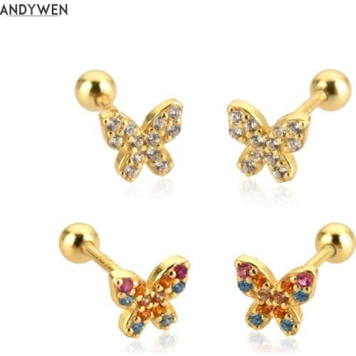 ANDYWEN 925 Sterling Silver Gold Rainbow CZ Butterfly Stud Earring Summer Piercing Clips Luxury Women Rock Punk Jewelry