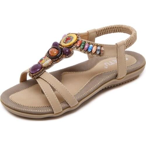 2021 Bohemian Women Sandals Gemstone Beaded Slippers Summer Beach Sandals Women Flip Flops Ladies Flat Shoes