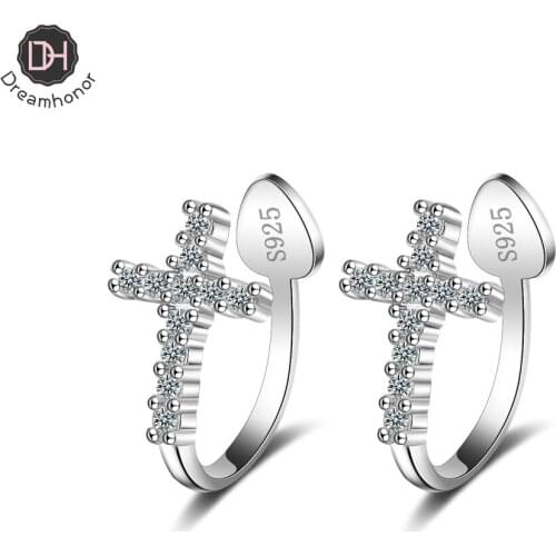 Dreamhonor Women Fashion 2021 Elegant Earrings 925 Sterling Silver Zirconia Cross Clip Earrings Without Piercing Charm Jewelry