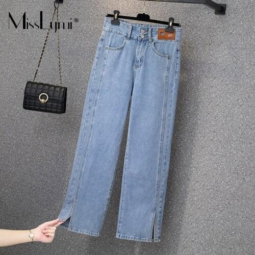 L-4XL Plus Size Women Blue Denim Pants Autumn 2021 Fashion Loose Double Breasted Button High Waist Split Wid Leg Pants Female