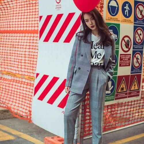Women sweatsuits sets spring and autumn new style fashion plaid retro striped suit OL professional office ladies two-piece