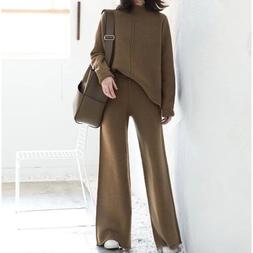 Two Piece Women Oversize Loose Sweater Pullover+High Waist Wide Leg Pants