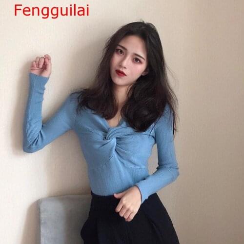 Autumn winter Women ladiesV-neck front knot detail slim sexy tight Ruched Knitted Pullovers off shoulder Jumper