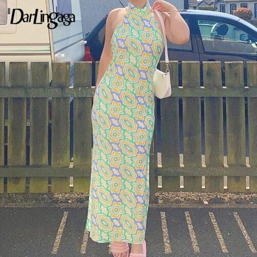 Women Summer Holiday style strap print halter Halterneck Dress, Adults Slim Fit Printed Stand Collar Slit One-pcs (Green)