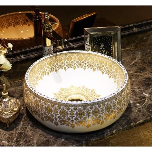 Gold pattern China Artistic Handmade ceramic sink wash basin Ceramic Counter Top Wash Basin Bathroom Sinks round washbasin
