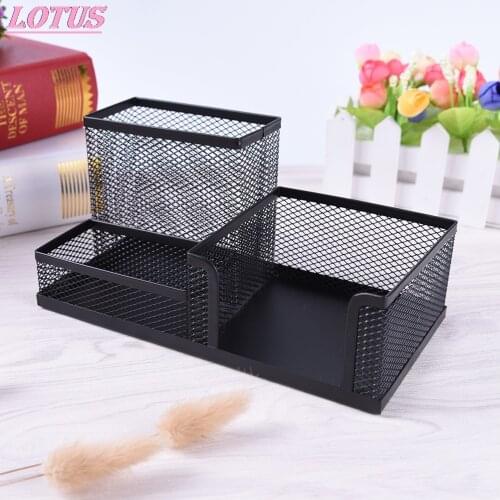 Metal black mesh office desk organizer box pencil and pen pencil case holder 4 compartments mesh black 1pc