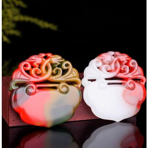 1PC Natural Color Jade Phoenix Pendant Necklace Safety Lock Chinese Charm Jewelry Double-sided Hollow Carved Fashion Amulet Gift