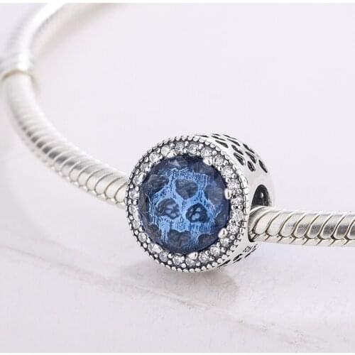 925 Sterling Silver Sparkling Dark Moonlight Blue Charm Crystal Surrounded By Pave-Set CZ Charm Bracelet DIY Jewelry Making