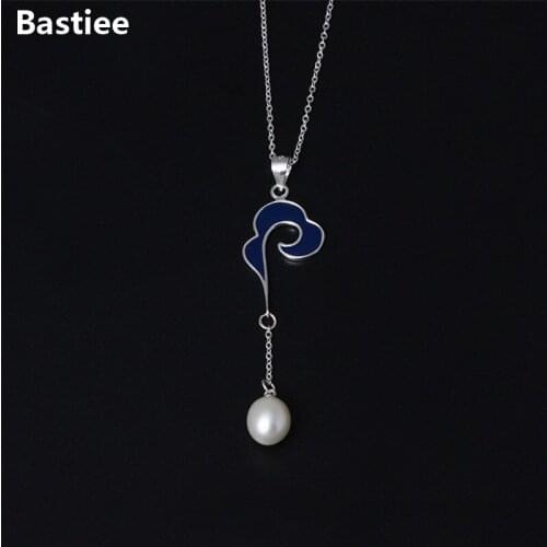 Bastiee 925 Sterling Silver Necklace Pearl Pendant Propitious Cloud Cloisonne Enamel Jewelry For Women Link Chain