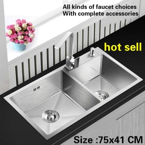 Free shipping Fashion kitchen sink durable 304 stainless steel 3 mm hand made double groove hot sell 75x41 CM