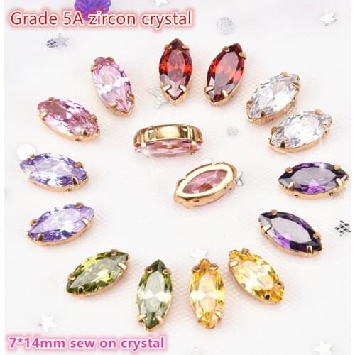 Zircon 7*14Mm Horse Eye 5Pcs/Pack Super Flash 5A Grade Gold Base Sew On Claw Rhinestones,Apparel Accessories Free Shipping