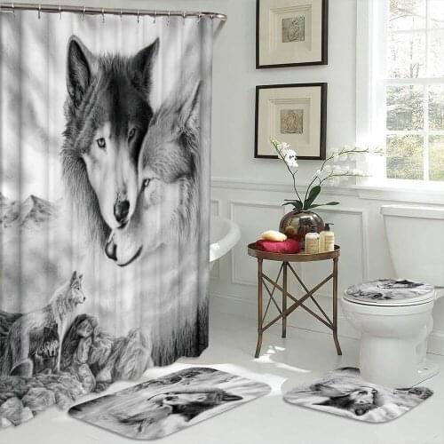 Wild Snow Wolf Pattern Waterproof Shower Curtains Bathroom Set Toilet Lid Cover Non-Slip Bath Mat Rugs Home Decor with 12 Hooks