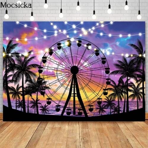 Summer Sunset Beach Backdrop Colorful Sky Romantic Ferris Wheel Decor Kids Birthday Cake Smash Photocall Background Photo Studio