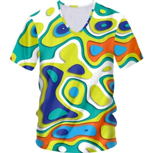 IFPD EU/US Size New Paint Color Pattern V-Neck T-shirt Summer Men 3D Printing Dizziness Tshirt Personality Streetwear Casual Top