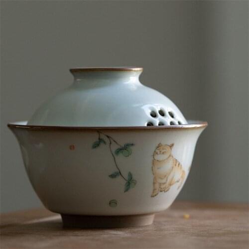 Ceramic Ice Cracked Glaze Kung Fu Gaiwan White Porcelain Teacup Creative Hand-painted Cute Cartoon Cat Teapot Chinese Tea Set