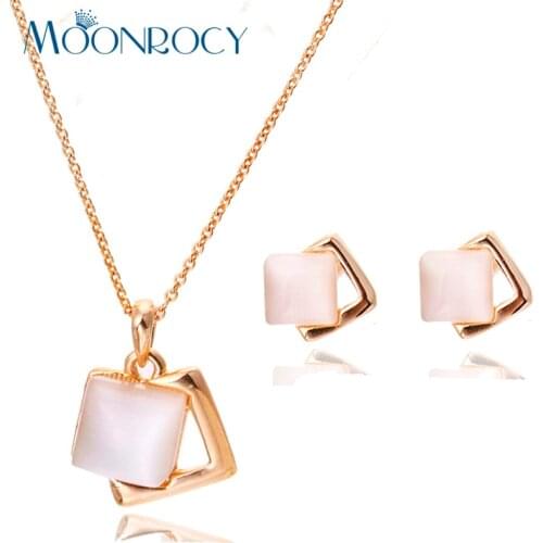 MOONROCY Drop Shipping ITALINA Jewelry Crystal Opal Necklace and Earring Jewelry Set Rose Gold Color For Women Square shape Gift