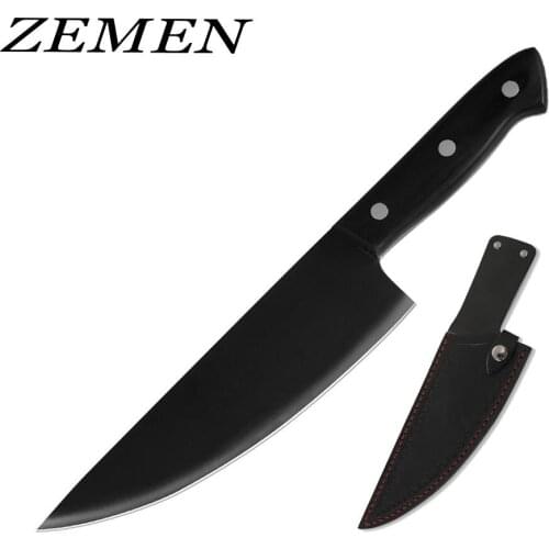 ZEMEN 8 Inch Chef Knife Stainless Steel Chopper Meat Vegetable Quality Full Tang Handle Cleaver Kitchen Tool With Leather Sheath