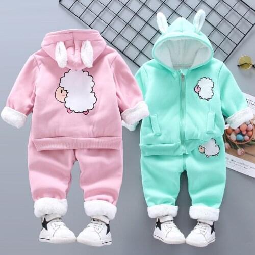 Autumn winter baby suit baby boy plus velvet thick warm 2-piece set baby girl cute cartoon lamb casual hooded suit baby clothes