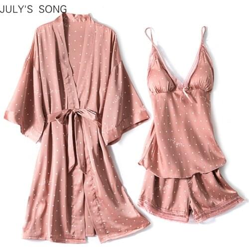 JULYS SONG Pajamas Set 3 Piece White dots Women Faux Silk Simple Pink Black Sleepwear With Chest Pads Summer Autumn Homewear