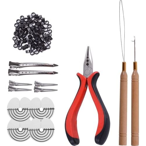 Hair Extension Tools Kit 200pcs Silicone Micro Rings 3-hole Hair Pliers With 2 Micro Pulling Needle Loop Threaders With 6 Clips
