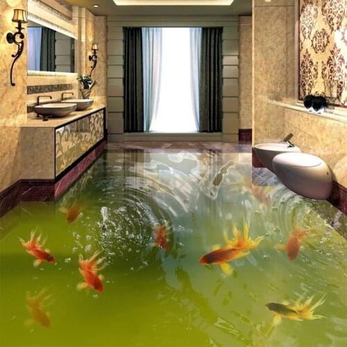 Custom PVC Waterproof Self-adhesive Floor Mural Classic Goldfish River Pond 3D Tile Floor Painting Bathroom Bedroom Home Decor