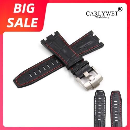 CARLYWET 28mm Luxury Real Leather Thick Wrist Watch Band Strap With Silver Buckle For Audemars Piguet 42mm Royal Oak Offshore