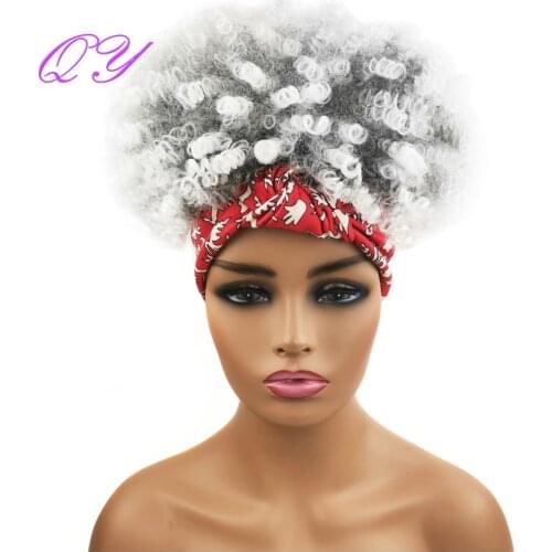 Headband Synthetic Short Womens Wig Grey Ombre White Afro Kinky Curly Woman Wig Red Hair Band High Temperature Fluffy Scarf Wig