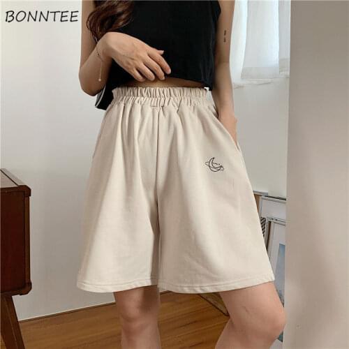 Embroidery Oversized Shorts Womens Solid Loose Basic Fashion Ins Korean Style Leisure Elastic Waist Simple Students All-match