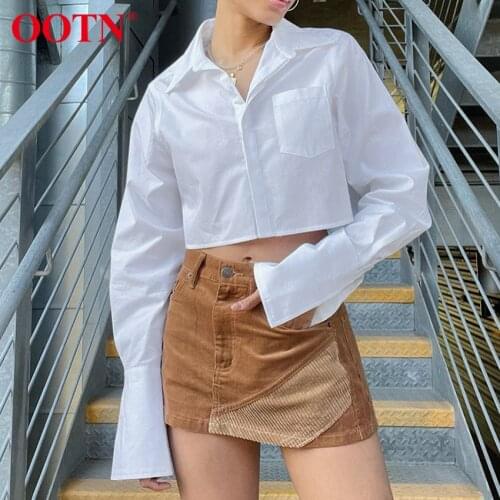 OOTN Streetwear Turn-Down Collar Single Breasted Women Shirt Spring Autumn Long Sleeve Pocket Crop Top Female Solid Blouses New