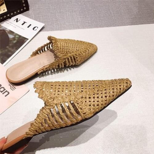 2020 New Style Women Slippers Rattan Knit Casual Sandals Indoor Floor Shoes Home Mules Pointed Toe Flat Shoes Woman