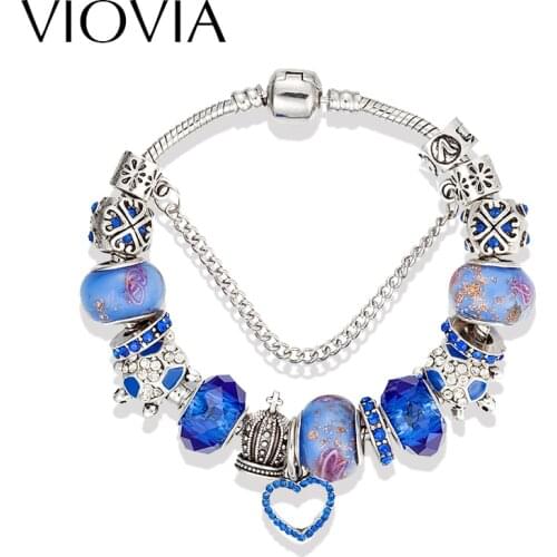 VIOVIA Color Blue Heart Charm Bracelets & Bangles For Women Personality Jewelry Handmade Beads of Heart Pulsera Superyne B16096