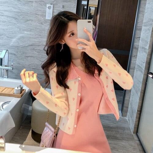 2021 New Spring Autumn Suit Skirt Two Piece Set Pink Short Printing Cardigan Long Sleeve Slim Sling Dress Y343