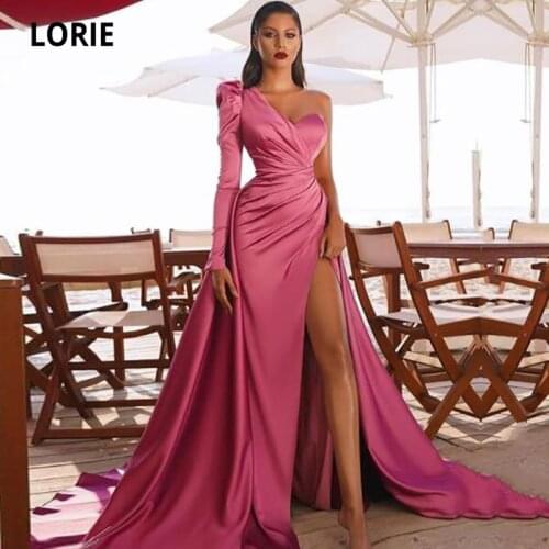 LORIE African Evening Dresses for women One Long Sleeves Mermaid Arabic Prom Gown Satin Pink Party Dress suknie wieczorowe