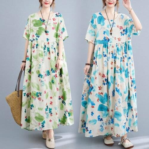 2021 Summer New Loose Print Short Sleeve Dress Female Extra Large Size Clothing Wild Tide Floral Baggy Dress For Women Robe M285