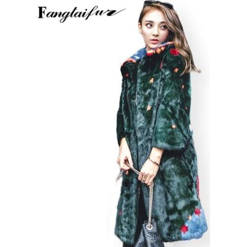Ftangaiur2021 Winter Import Velvet Mink Fur Coat Print Flower Mink Coats Slim Turn-Down Collar Women X-Long Real Mink Fur Coats