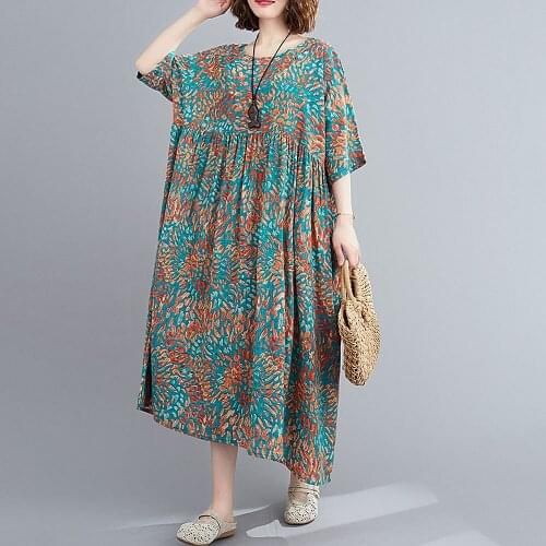 2021 Plus Size Women Print Dress Summer Sundress Cotton Linen Female Lady Vestidos Loose Casual Holiday Beach Maxi Long Dresses