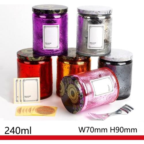 6pcs 240ml Embossed Glass Candle Container with Lid Label Wick Holder Aromatherapy Candle Cup Bottle Large Empty Cosmetic Jar