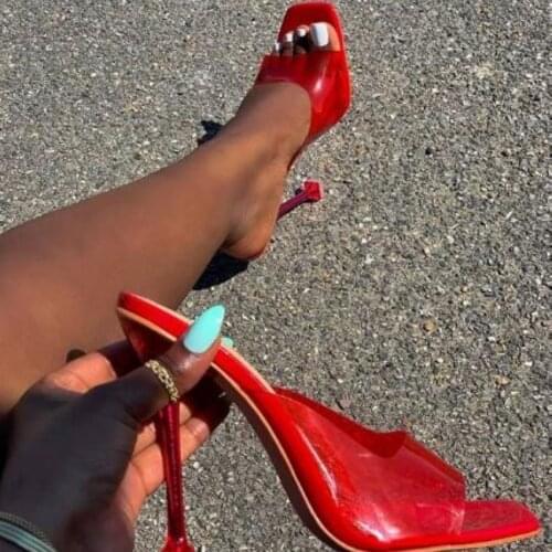 10.5CM Heels PVC Transparent High Heel Slippers Woman Summer Sandal Shoes Slip On Shoe Square Toe Slides Women Mules Pumps