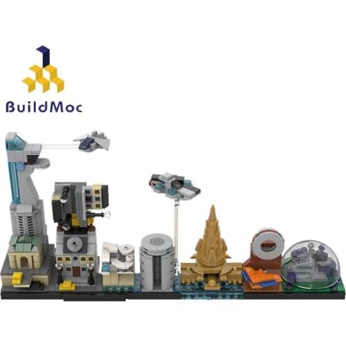 Buildmoc Super Heroes Alliance Buildings MOC-23510 Stark-Tower Skyline Architecture Helicarrier Flying Model Building Blocks Toy
