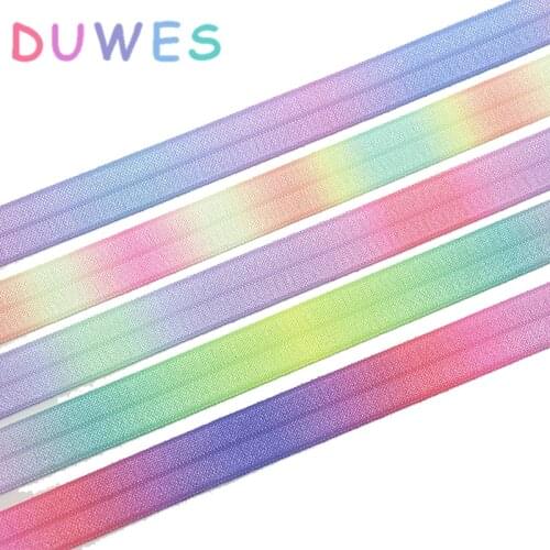DUWES 5/8'' 50yards gradient colors printed Fold Elastic FOE stretch ribbon hairbow headwear headband DIY OEM D1063