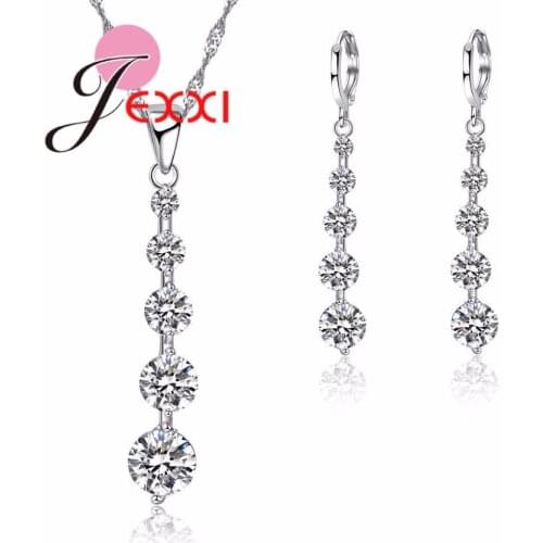 Fashion CZ White Zircon Long Pendant+ Earrings Necklace Jewelry Sets 925 Sterling Silver Women Wedding Jewelry Set