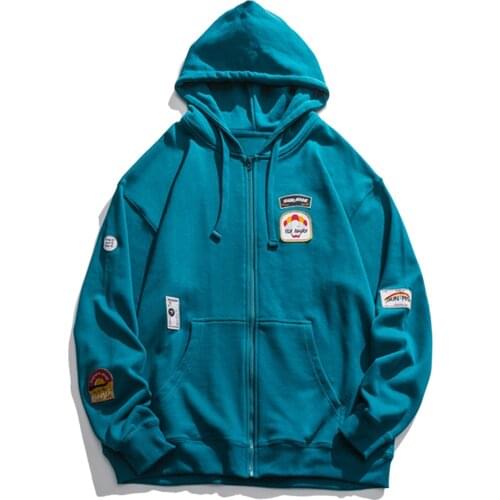 LACIBLE Men Zipper Hooded Jacket Coat Hip Hop Streetwear Badge Block Hoodie Harajuku Loose 2021Autumn Hoodie Sweatshirts Tops