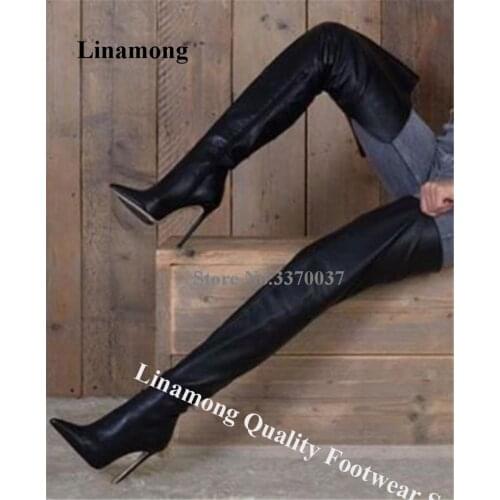 Linamong Women Fashoin Pointed Toe Over Knee Stiletto Heel Boots Black Leather Thigh High Long High Heel Boots CLub Dress Shoes
