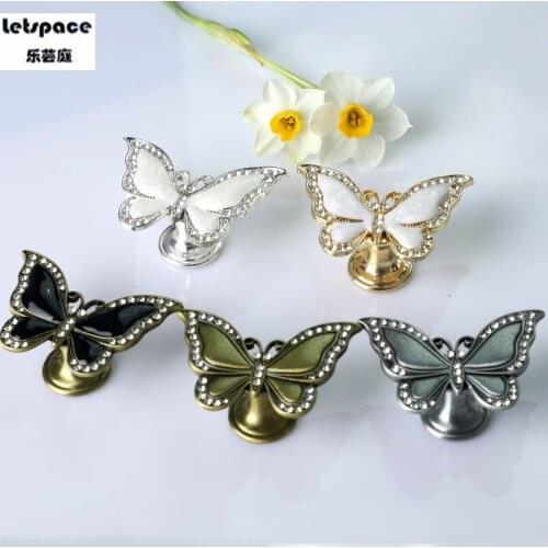 Fashion creative diamond crystal drawer tv cabinet bathroom cabinet knob Retro butterfly antique Tin Bronze cupboard handle