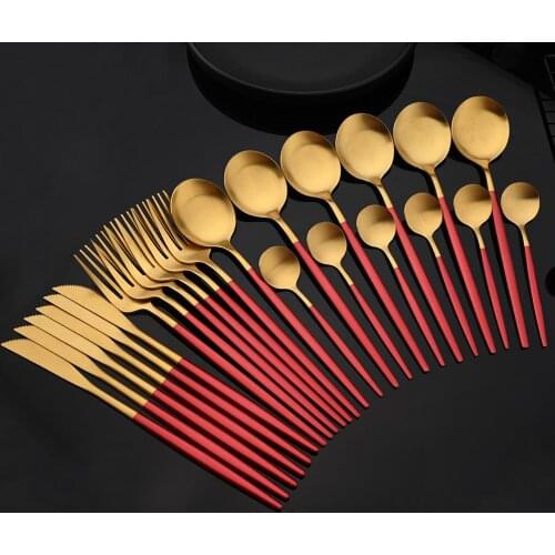 Red Gold Matte 24Pcs Dinnerware Cutlery Set Stainless Steel Food Flatware Home Dinner Knife Fork Coffee Spoon Tableware Set