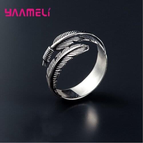 Wholesale Price European Jewelry 925 Sterling Silver Feather Rings Opening Band Resizable Size Antique S925 Women Jewellery